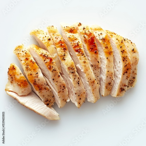 Sliced and seasoned chicken filet, on a plain white background, top view