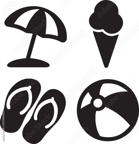 Summer beach items set silhouette logo, icon design vector illustration