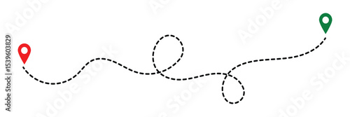 Route location icon, two pin sign and dotted line road, start and end journey symbol, black color vector illustration isolated on white background in eps 10.
