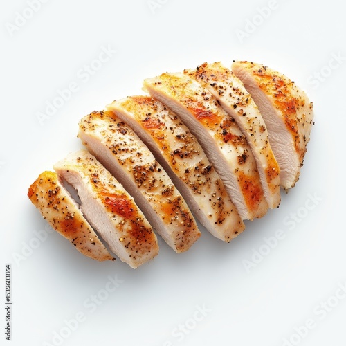 Sliced and seasoned chicken filet, on a plain white background, top view