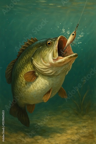 a largemouth bass with its mouth wide open underwater hunting a lure bait fish scene in freshwater nature water sport outdoor activity lifestyle
