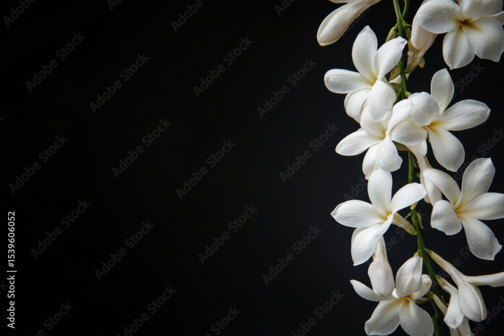 Obraz premium Minimalist black background showcasing white Thai garland, soft lighting for floral product photo, traditional yet modern luxury aesthetic