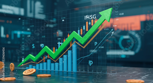 3D graphic of a rising stock market graph with scattered coins, illustrating financial growth.