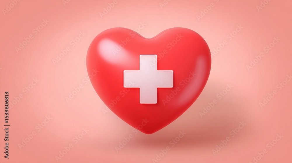 Fototapeta premium 3D red heart with white cross symbol representing healthcare, emergency aid, and medical support, isolated on white background as a cartoon vector for wellness and health-related concepts.