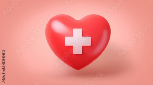 3D red heart with white cross symbol representing healthcare, emergency aid, and medical support, isolated on white background as a cartoon vector for wellness and health-related concepts.