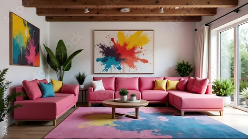 Bright Pink Sectional Sofa Anchors Modern Living Room With Abstract Art and Natural Light, Adding a Pop of Color to a Stylish Interior Space.