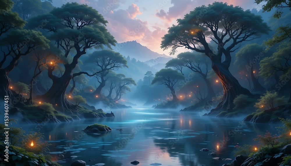 Fototapeta premium Fantasy Forest River Landscape at Sunset with Glowing Lanterns and Misty Mountains – Enchanted Nature Background for Wallpapers, Storybooks, and Digital Art Projects