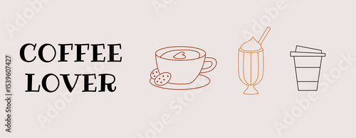 Coffee lover concept design banner. Card, poster, background, story and post template. Cafe and coffeeshop design. Concept doodle illustrations of coffee beans. Modern minimalist hand drawn art 