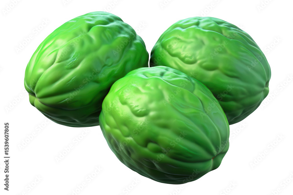 Obraz premium Three vibrant green walnuts close up