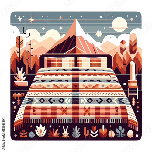 bed with a patterned blanket and pillows, set against a stylized mountain landscape with trees, sun, and stars. Ideal for travel blogs, home decor sites, or content on glamping and outdoor adventures.