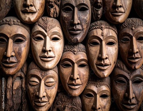 Wooden masks, diverse faces, stacked close