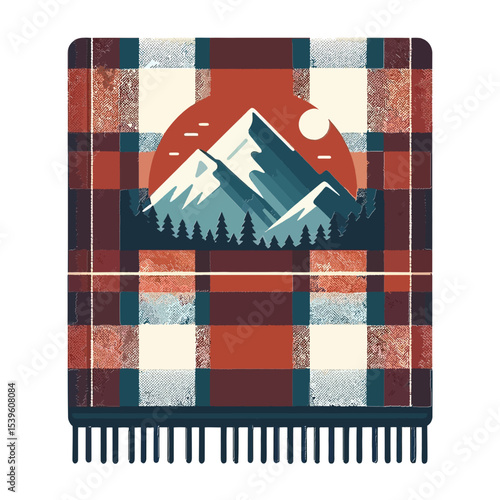 plaid blanket featuring a mountain landscape with snow-capped peaks, trees, and a sun/moon. Ideal for travel blogs, outdoor gear websites, or cozy home decor themes.

