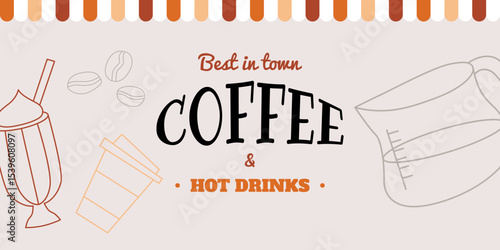 Coffee concept design. Card, poster, banner, story and post template. Cafe and coffeeshop design. Concept doodle illustrations of coffee mugs. Modern minimalist hand drawn art 