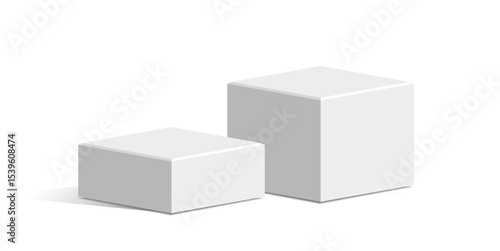 Two White cube block podium stage pedestal and platform vector, a minimalist display element. Ideal for product showcases, presentations, awards, exhibitions, and modern design.