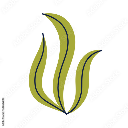 Vector illustration of doodle seaweed icon in flat cartoon style. Underwater plant element for ocean designs, marine biology materials, kids books, aquarium decor, educational and creative projects
