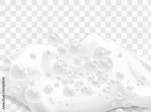 Beer foam isolated on transparent background. White soap froth texture with bubbles, seamless border, foamy frame. Sea or ocean wave, laundry cleaning detergent spume, realistic 3d vector illustration