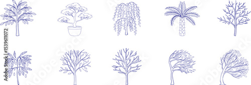 Ten hand-drawn tree illustrations in elegant line style featuring diverse species including bonsai, willow, and palm. Ideal for nature-themed designs, landscaping plans, and educational visuals.