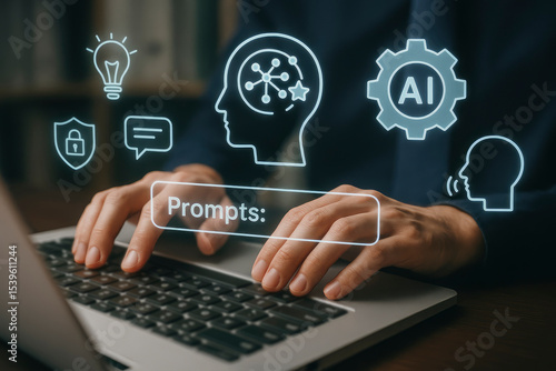 Person Typing on Laptop with Digital Icons for Artificial Intelligence, Innovation, Security, and Communication Prompts
