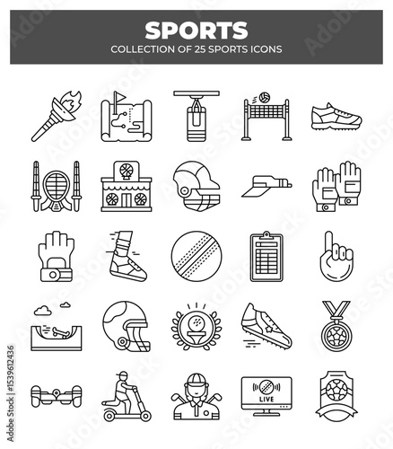 Collection of 25 Sports Icons.  A Comprehensive Guide to Various Sports and Equipment