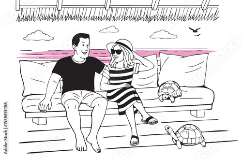 couple in love on the ocean shore vector sketch. seascape gazebo by the ocean vector hand drawn