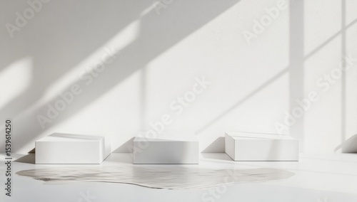 Wallpaper Mural Three white podiums in sunlit studio Torontodigital.ca