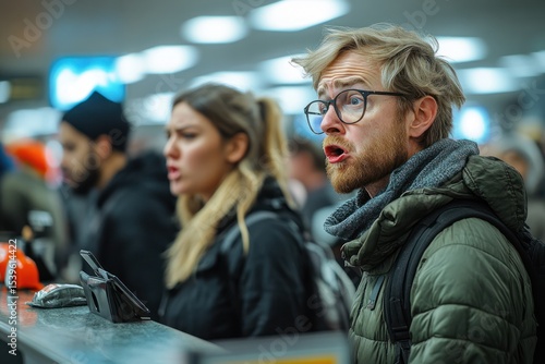 Frustrated Travelers Arguing at Airport Check-in Desk