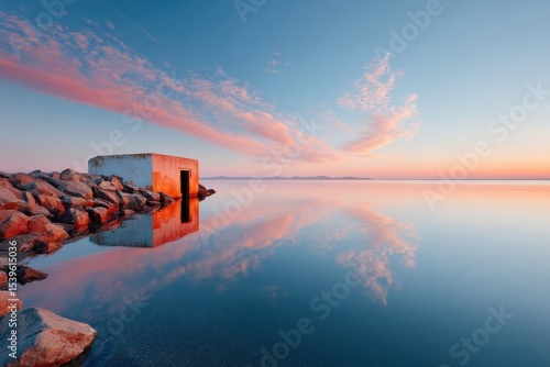 Historic Shoreline Defense Bunker at Rocky Coastal Edge with Weathered Concrete Fortification at Sunset for Heritage Tourism and Architectural Preservation