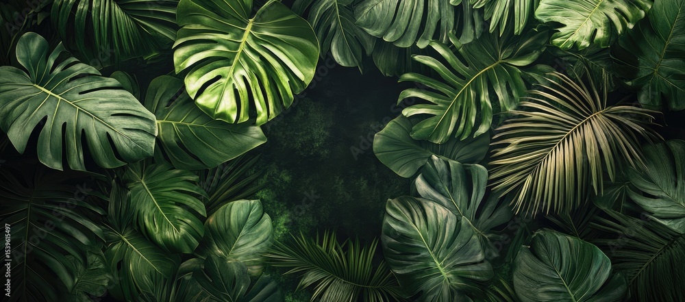 Fototapeta premium Lush tropical leaves arranged in a dense pattern