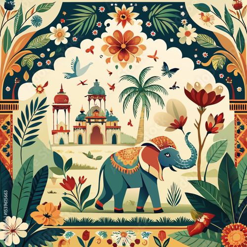 Chinoiserie seamless border mural of Indian elephant under flower-laden tree with butterflies, palm leaves and birds, on white background