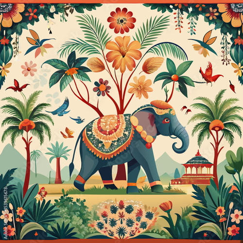 Chinoiserie seamless border mural of Indian elephant under flower-laden tree with butterflies, palm leaves and birds, on white background