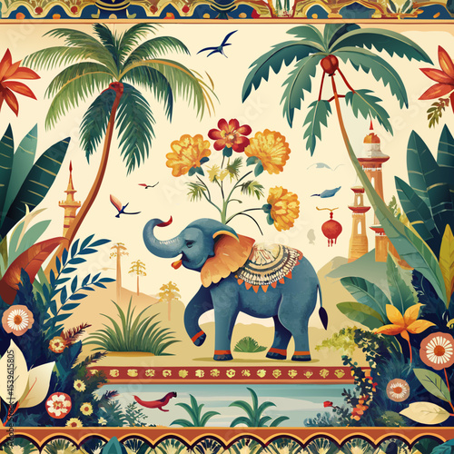 Chinoiserie seamless border mural of Indian elephant under flower-laden tree with butterflies, palm leaves and birds, on white background