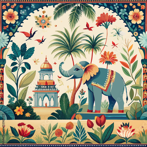 Chinoiserie seamless border mural of Indian elephant under flower-laden tree with butterflies, palm leaves and birds, on white background