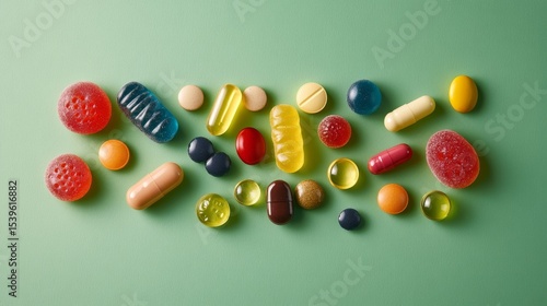 A realistic 9:16 composition featuring a small number of gummy candies and capsules, evenly spaced but not overcrowded, with a strong focus on the detailed beauty of the gummies, lifelike textures, no