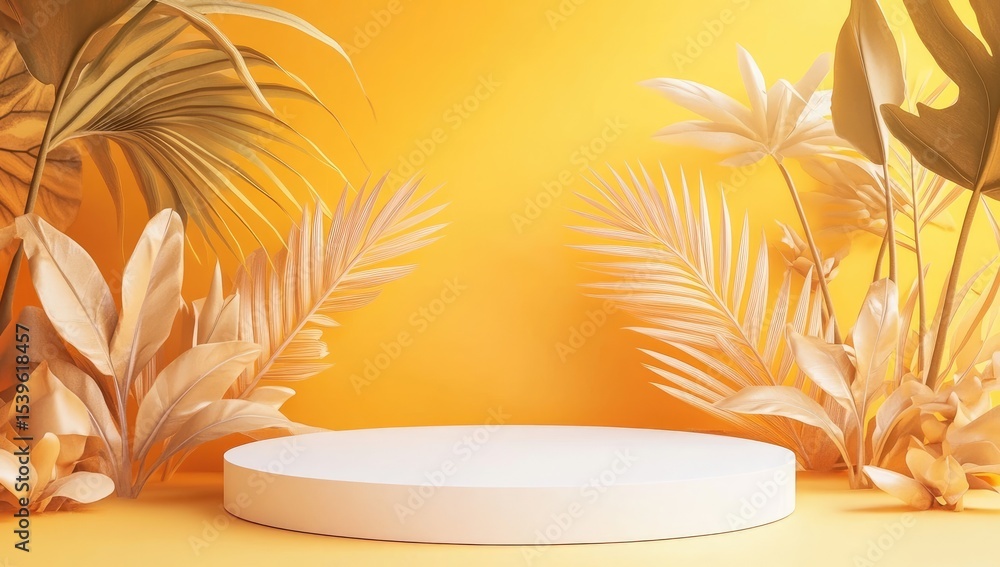 Fototapeta premium Minimalist white podium surrounded by pastel yellow foliage