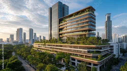 A large building with a green roof and a lot of trees surrounding it