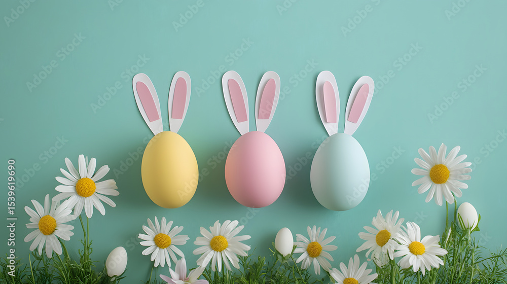 Fototapeta premium Easter crafting idea Overhead vertical shot of vibrant eggs, cute bunny ears, and fresh daisy
