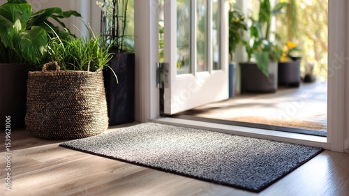 A white door is open to a room with a rug and a plant