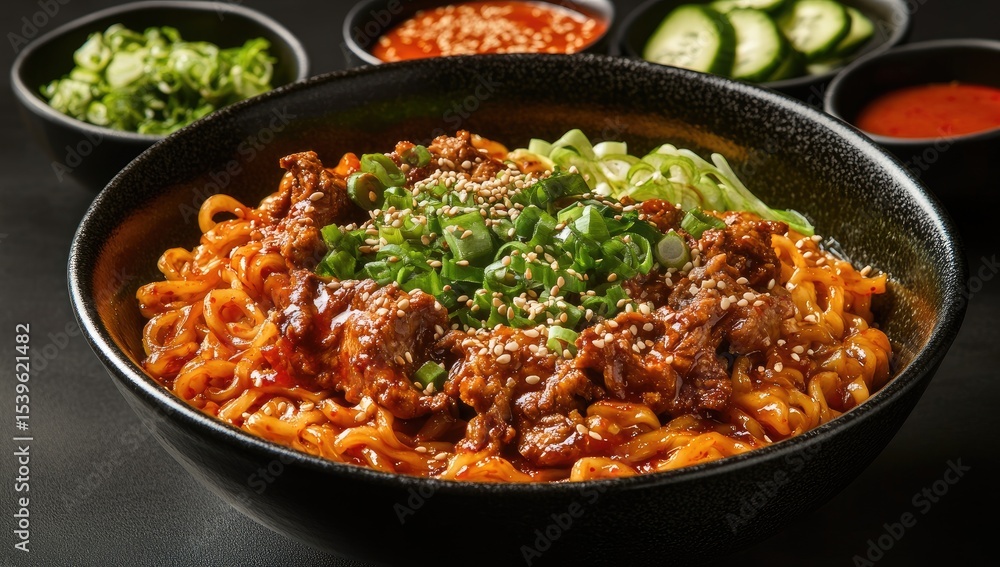 Fototapeta premium Spicy beef noodle bowl with Asian toppings