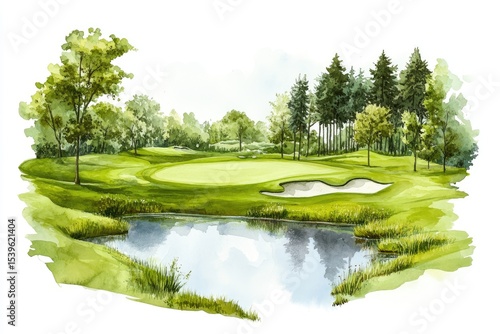 Watercolor golf course scene. Lush green fairway, putting green, sand trap, trees, pond reflection