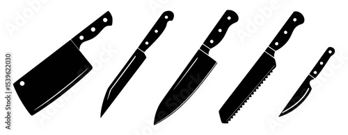 Assortment of black kitchen knives including a cleaver chefs knife and smaller utility knife on white