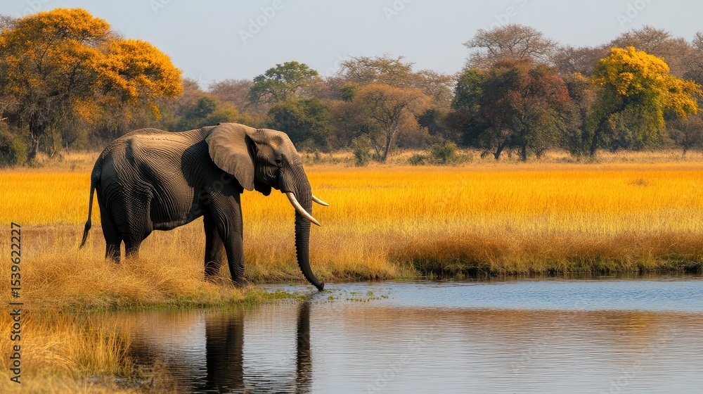 Fototapeta premium African elephant standing near a watering hole surrounded by golden grasslands