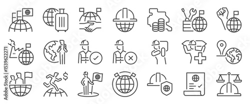 migrant worker icon set. It included foreign worker, labor, country, relocation, local, and more icons. Editable Vector Stroke.
