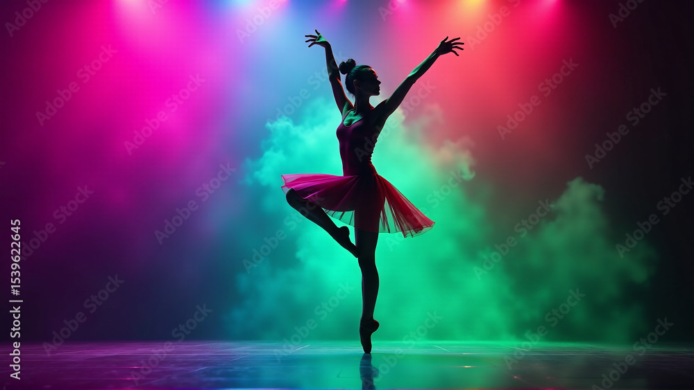 Fototapeta premium Dynamic Dancer Silhouette Against Spectrum Stage Lights