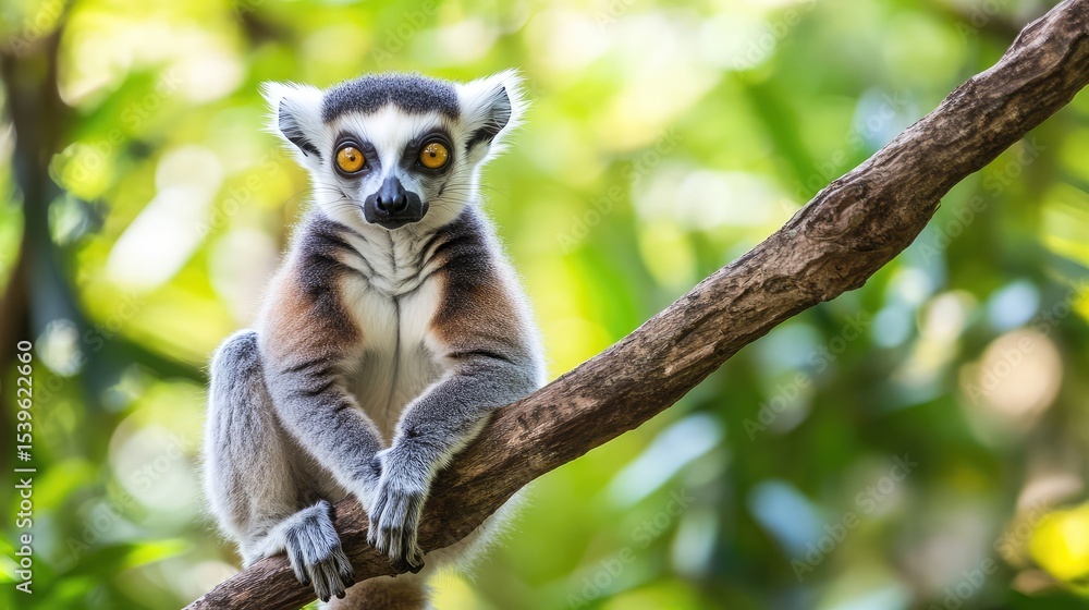 Obraz premium Lemur sitting on a branch in a tropical rainforest clearing