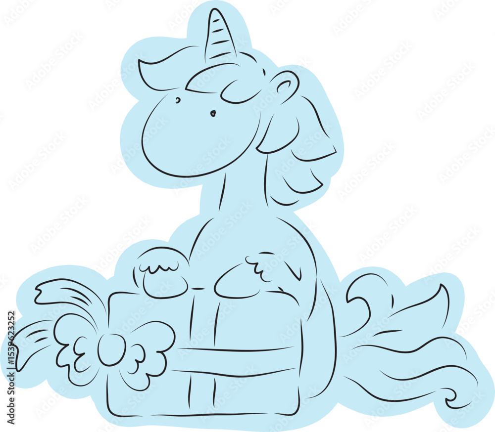 cute unicorn sitting next to gift box drawn with simple black curved lines and casually colored in blue cute unicorn sitting next to gift box drawn with simple black curved lines and casually colored in blue