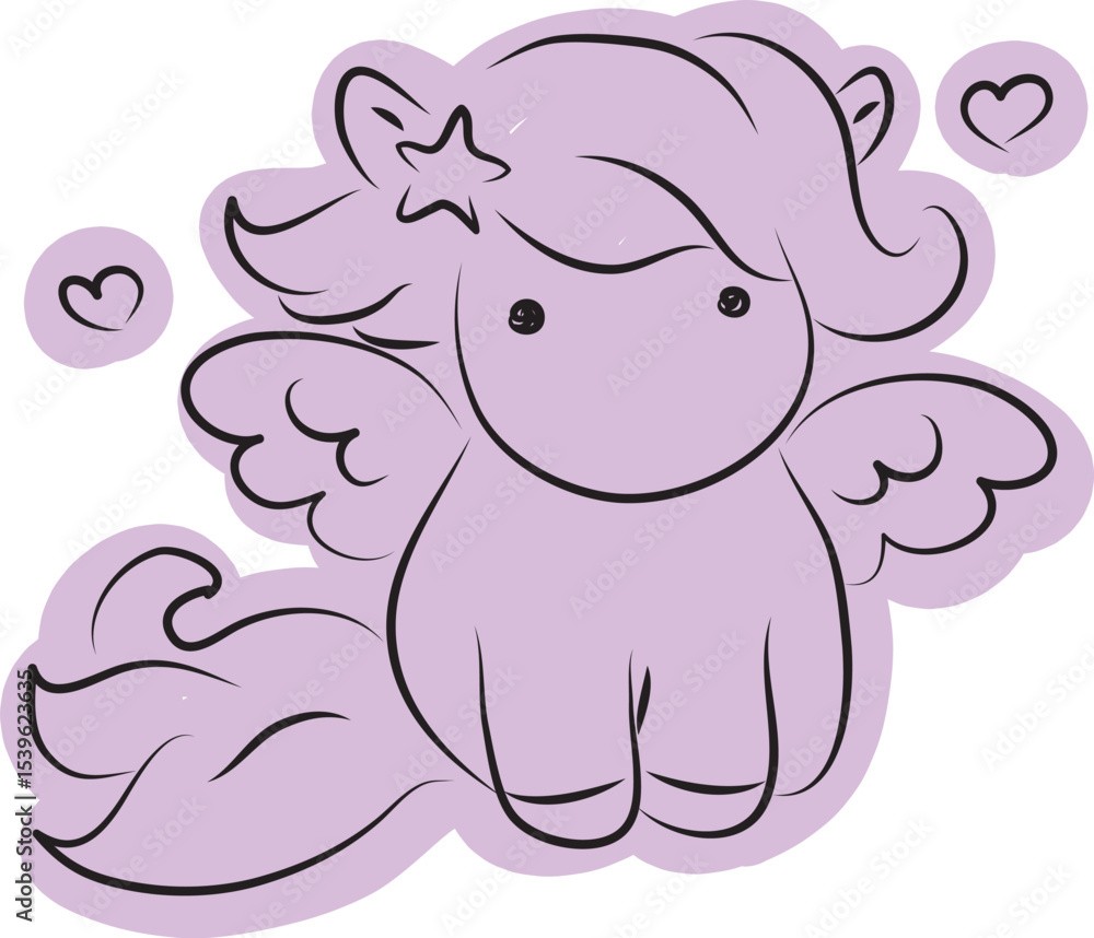 Naklejka premium cute little pegasus with wings looking at camera, drawn with simple black curved lines and casually colored in purple