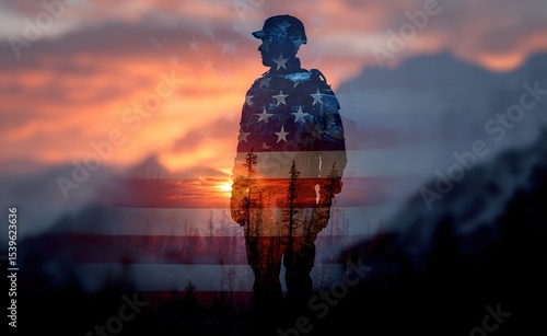 Double exposure Silhouette of Soldier on the United States flag in sunset for Veterans Day is an official USA public holiday background,copy space. High quality