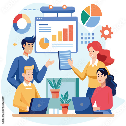 group people business data analysis team meeting with business finance investment graph report dashboard concept. flat vector illustration cartoon design 