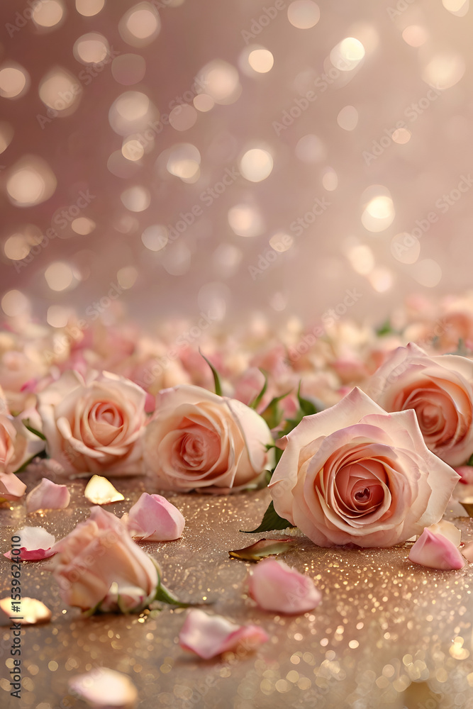Fototapeta premium Elegant Pink Roses and Petals on Glittering Background