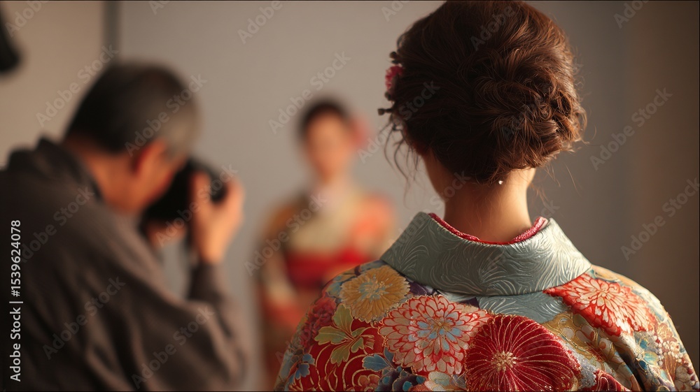 A woman in a kimono is being photographed by a man A woman in a kimono is being photographed by a man